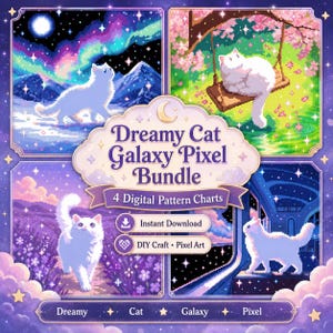 May include: A digital art bundle with four pixel art designs of white cats in dreamy settings. The designs include a cat under a starry sky, on a swing, in a field of flowers, and on a balcony. The text reads "Dreamy Cat Galaxy Pixel Bundle".