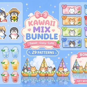 Op de afbeelding: Een digitale kunstbundel met gepixelde pinguïns, katten en kleurrijke drankjes. De tekst "KAWAII MIX BUNDLE" wordt weergegeven met de woorden "Sweet, Cozy, Cute" eronder. Bevat "29 PATTERNS" en een "BONUS!" aanbieding.