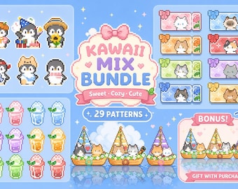 May include: A digital art bundle with pixelated penguins, cats, and colorful drinks. The text "KAWAII MIX BUNDLE" is displayed with the words "Sweet, Cozy, Cute" below. Includes "29 PATTERNS" and a "BONUS!" offer.