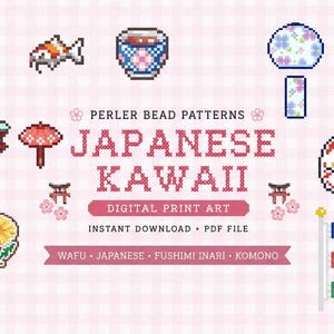 Może przedstawiać: Kolekcja ilustracji w stylu pixel art z japońskim motywem Kawaii. Obraz zawiera różne ikony, takie jak drzewko bonsai, karp koi, dzwonki wiatrowe i tradycyjne japońskie konstrukcje. Tekst brzmi "Japanese Kawaii Digital Print Art".
