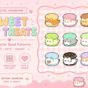May include: Digital download graphic featuring pixelated cat treats in various colors. The image includes the text "Sweet Cat Treats" and "Cute Perler Bead Patterns". The design includes nine different cat treat designs.