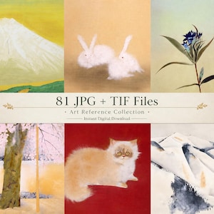 81 Japanese Nihonga Watercolor Paintings, Mt Fuji Cherry Blossom Cat Rabbit (Digital Download)