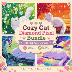 May include: A digital pattern bundle featuring four diamond pixel art charts with cosy cat designs. The image includes the text "Cozy Cat Diamond Pixel Bundle" and "4 Digital Pattern Charts". The designs feature cats in various settings, with a palette of greens, oranges, and purples.