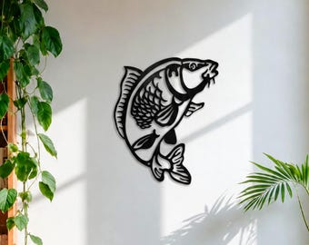 Metal Carp Wall Art, Black Fish Decor, Fisherman Gift, Garage or Man Cave