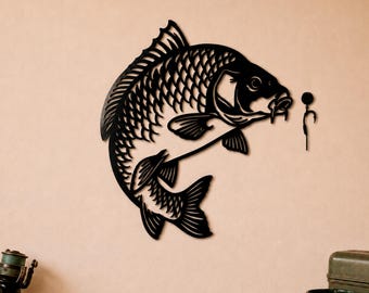 Metal Carp Wall Art, Black Steel Fish Decor, Powder Coated Angler Gift