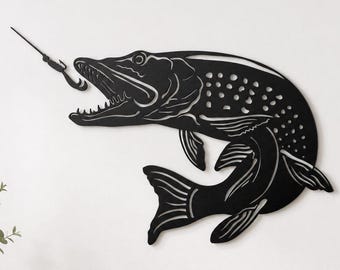 Metal Pike Wall Art, Fishing Decor, Spinning Angler Gift, Gloss Black Steel Fish