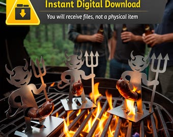 Soporte metálico para salchichas con forma de diablo (archivo DXF) / Accesorio divertido para barbacoa (descarga DXF)