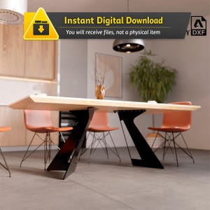 May include: A modern dining table with a light wood top and black metal legs. The table is surrounded by orange chairs with black metal legs. The image includes the text "Instant Digital Download".