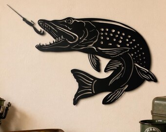 Metal Pike Wall Art, Fishing Decor, Spinning Angler Gift, Gloss Black Steel Fish