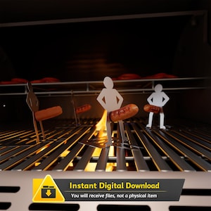 May include: A digital download image depicts a barbecue grill with sausages and silhouetted figures. The sausages are on the grill, and the figures appear to be holding them. The image includes the text "Instant Digital Download" and "You will receive files, not a physical item."