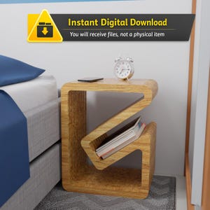 Puede incluir: Una mesita de noche de madera clara con un diseño abierto único. Cuenta con un pequeño despertador, un smartphone y una pila de libros. La imagen incluye el texto "Instant Digital Download" y "You will receive files, not a physical item."