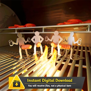 May include: A barbecue grill with metal figures holding beer mugs and hot dogs. Flames are visible beneath the grill. The image includes text that reads "Instant Digital Download" and "You will receive files, not a physical item."