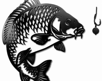 Black Steel Carp Metal Wall Art, Laser Cut Fisherman Gift, Angling Decor