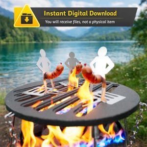 May include: A black metal grill with a round cooking surface, featuring three sausages held by silhouetted figures. Flames are visible beneath the grill. The image includes the text "Instant Digital Download".