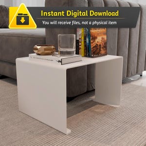 Könnte beinhalten: Ein moderner weißer Beistelltisch mit minimalistischem Design. Auf dem Tisch liegen Bücher, ein Glas und ein goldenes Dekorationsobjekt. Der Text "Instant Digital Download" und "You will receive files, not a physical item" sind zu sehen.