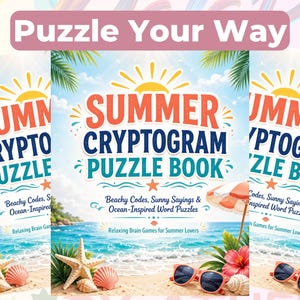 May include: Three summer cryptogram puzzle books with beach-themed illustrations. The books feature titles in orange and blue, with beach scenes, seashells, and sunglasses. The text reads "Puzzle Your Way".