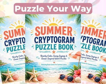 Letnia książka z łamigłówkami kryptograficznymi do druku w formacie PDF, łamigłówki słowne na plażę dla dorosłych, letnie gry umysłowe, książka z aktywnościami na wakacje, książka z kryptogramami