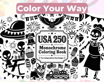 USA 250 Monochromatyczna Kolorowanka PDF, Zabawne Kolorowanki na Dzień Niepodległości, 4 lipca do druku, Patriotyczne Lato Kolorowanki, 1776-2026