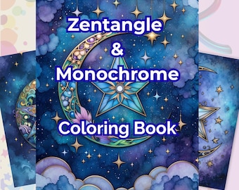 Niebiańska kolorowanka | Kosmiczny zentangle Księżyc Gwiazdy Kosmos | Do druku w formacie PDF, natychmiastowe pobranie, kolorowanki dla dorosłych łagodzące stres