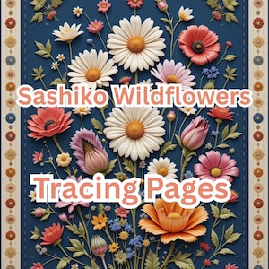 100 stron z kalką do haftu Sashiko Wildflower, książka z wzorami do haftu Botanical Meadow w formacie PDF, do druku japońskie ćwiczenia ściegowe zdjęcie 1