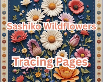 100 stron z kalką do haftu Sashiko Wildflower, książka z wzorami do haftu Botanical Meadow w formacie PDF, do druku japońskie ćwiczenia ściegowe