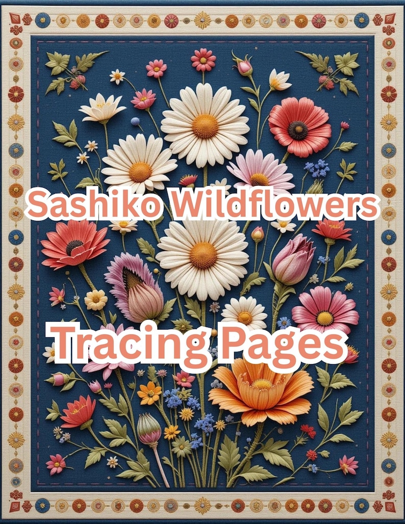 100 stron z kalką do haftu Sashiko Wildflower, książka z wzorami do haftu Botanical Meadow w formacie PDF, do druku japońskie ćwiczenia ściegowe zdjęcie 1