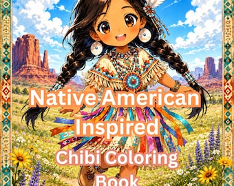 Kolorowanka Chibi inspirowana rdzennymi Amerykanami, 100 kolorowanek inspirowanych rdzennymi Amerykanami do druku, urocze kolorowanki dla dzieci, pobieranie cyfrowe