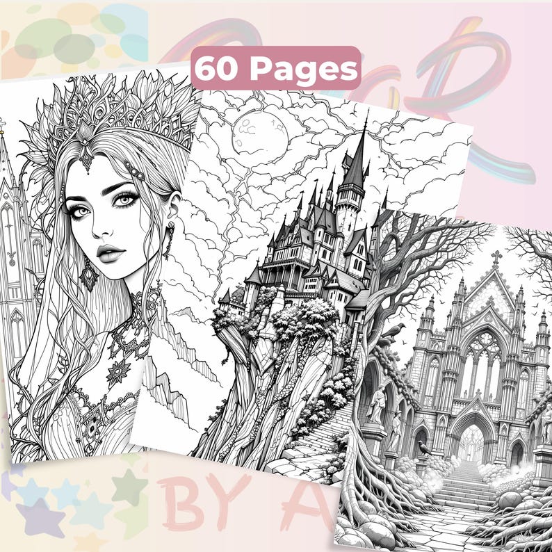 Gothic Fantasy Coloring Book 60 Pages | Vamp Romantic & Midnight Masquerade | Printable Adult Colouring Pages