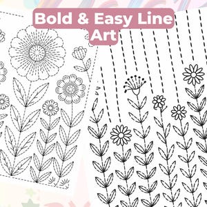Może przedstawiać: Czarno-biała grafika liniowa z motywami kwiatowymi i tekstem "Bold & Easy Line Art". Ilustracje obejmują r&oacute;żne kwiaty, liście i łodygi, wszystkie obrysowane przerywanymi liniami, idealne do kolorowania lub haftowania.