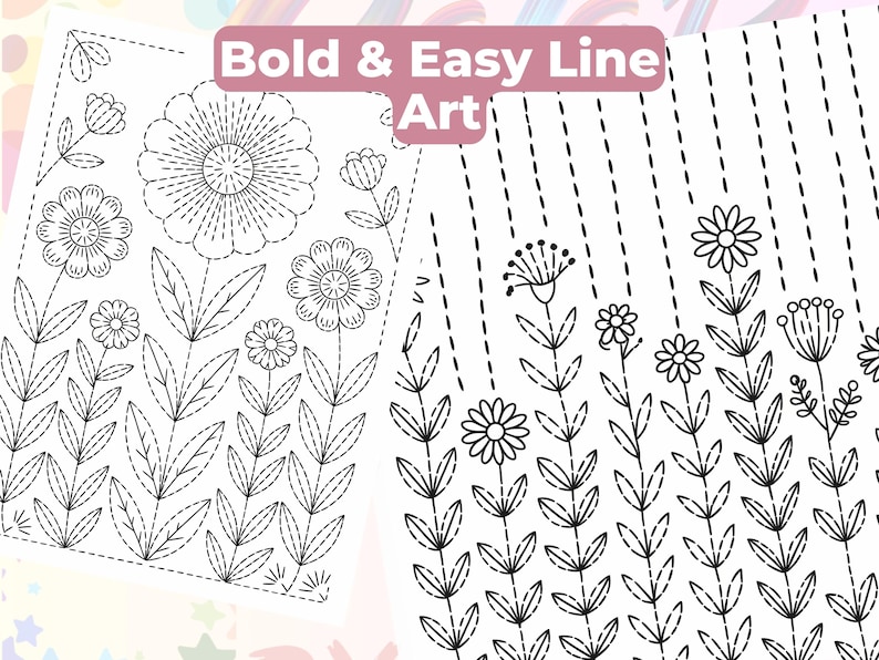 Może przedstawiać: Czarno-biała grafika liniowa z motywami kwiatowymi i tekstem "Bold & Easy Line Art". Ilustracje obejmują r&oacute;żne kwiaty, liście i łodygi, wszystkie obrysowane przerywanymi liniami, idealne do kolorowania lub haftowania.