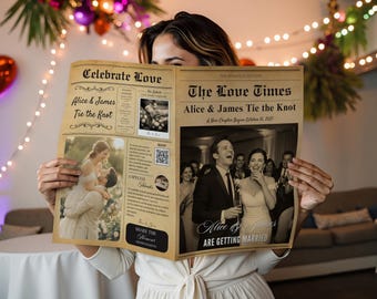 Large Wedding Newspaper Program Template with Photo, Editable Wedding Program, Newlywed Times, Marriage Itinerary, Custom Wedding Keepsake