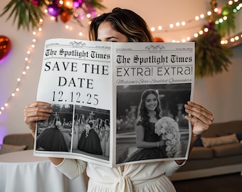 Save the Date Quinceañera Newspaper , Quinceañera Save the Date Newspaper Canva Template , Poster Save the Date Quinceanera for Photoshoot