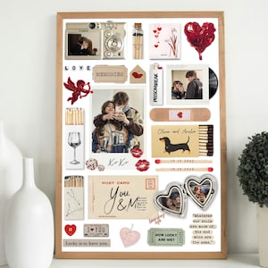 Könnte beinhalten: Ein gerahmtes Collage mit Fotos, Streichholzschachteln und dekorativen Elementen. Enthält ein Foto eines Paares, einen roten herzförmigen Ballon und den Text "You & Me". Das Thema ist Liebe und Erinnerungen.