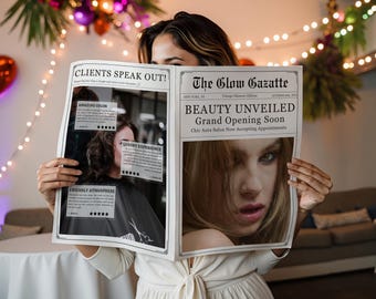 Modello di giornale aziendale Canva, grande annuncio aziendale per giornale, annuncio di apertura di giornale personalizzato per servizio fotografico del marchio