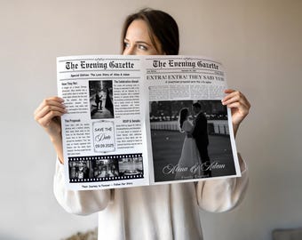 Save the Date Canva Newspaper Template , Wedding Engagement Announcement template newspaper , Large wedding newspaper for photoshoot