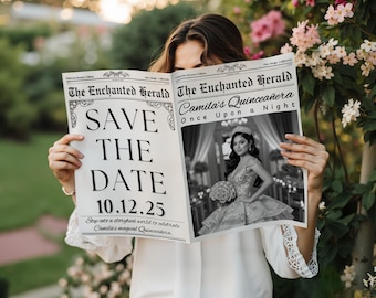 Bearbeitbare Quinceaña Save the Date Zeitungsvorlage, Save the Date Zeitungsvorlage, Quince Fotoshooting Einladung Canva Vorlage
