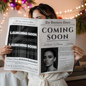 May include: A person holding a newspaper with the headline "COMING SOON" and the text "Velvet Bloom Salon." The left side of the paper reads "LAUNCHING SOON" in neon lights. The website address is www.velvetbloom.com.