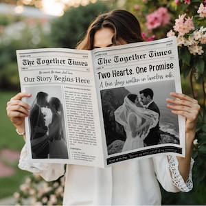 May include: A person holding a newspaper titled "The Together Times" with wedding photos and text. The headline reads "Two Hearts. One Promise." The background features greenery and flowers.