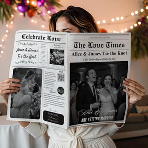 May include: A person holding a newspaper titled "The Love Times" with the headline "Alice & James Tie the Knot." The newspaper features wedding photos and the text "Are Getting Married." The background includes decorative lights and floral arrangements.