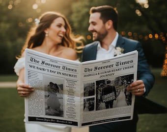 May include: A couple smiles while holding a newspaper titled "The Forever Times." The newspaper headlines read "WE SAID 'I DO' IN SECRET!" and "ISABELLA & LUKAS START THEIR JOURNEY." The date "November 15, 2025" is visible.