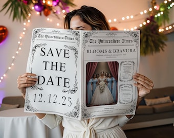 Save the Date Quinceañera Newspaper , Sweet 15 Announcement , Quince Save The Date Template , Sweet 16 save the date Invitation