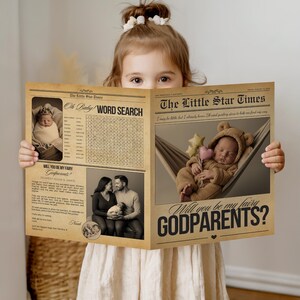 May include: A child holds a newspaper-style announcement with sepia tones. The headline reads "The Little Star Times" and "Will you be my fairy GODPARENTS?" Photos of a newborn and parents are featured. A word search is also visible.