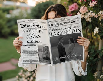婚約発表用新聞テンプレート、Canvaで編集可能な結婚発表用テンプレート、婚約写真撮影のアイデア、日付を知らせる新聞