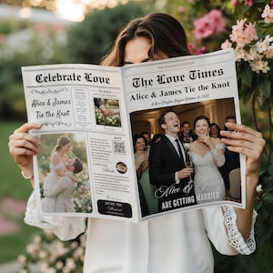 May include: A person holds a newspaper titled "The Love Times" with the headline "Alice & James Tie the Knot." The newspaper features wedding photos and text, with the date October 16, 2027. The background includes greenery and flowers.