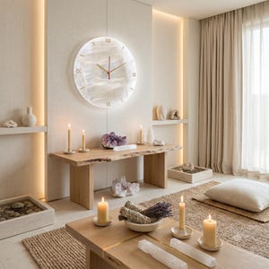 Puede incluir: Una escena interior serena con un gran reloj de pared redondo con números romanos. Una mesa de madera exhibe velas, cristales y un cuenco con salvia y lavanda. La habitación tiene una paleta de colores neutros con iluminación suave.