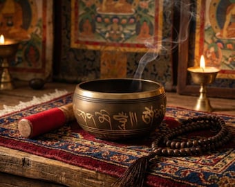 May include: A bronze singing bowl with etched symbols, emitting wisps of smoke, rests on a patterned rug. A wooden mallet with a red handle lies beside it, with a strand of prayer beads and a lit candle in the background.