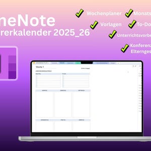Könnte beinhalten: Ein Laptop zeigt einen OneNote-Lehrerkalender für 2025-26 mit einem lila-weißen Logo. Der Bildschirm zeigt ein Wochenplaner-Layout. Häkchen heben Funktionen wie Wochen- und Monatsplanung, Vorlagen und To-Do-Listen hervor.