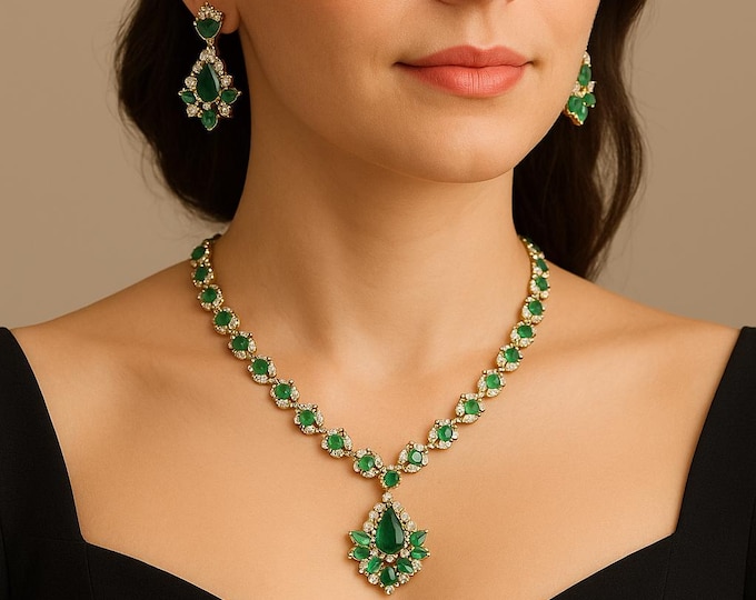 5.22Ct Natural Diamond Emerald Necklace Set 14K Yellow Gold Luxury Bridal Wedding Jewelry Gift for Women