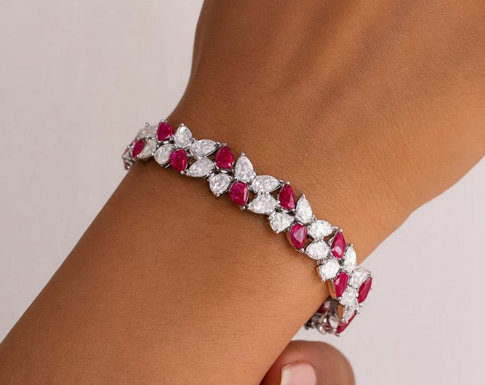 Natural 10.27 Ct Red Ruby Bracelet 18K Solid Gold Pear Shape Ruby and Diamond Tennis Bracelet, Luxury Women’s Fine Jewelry Gift