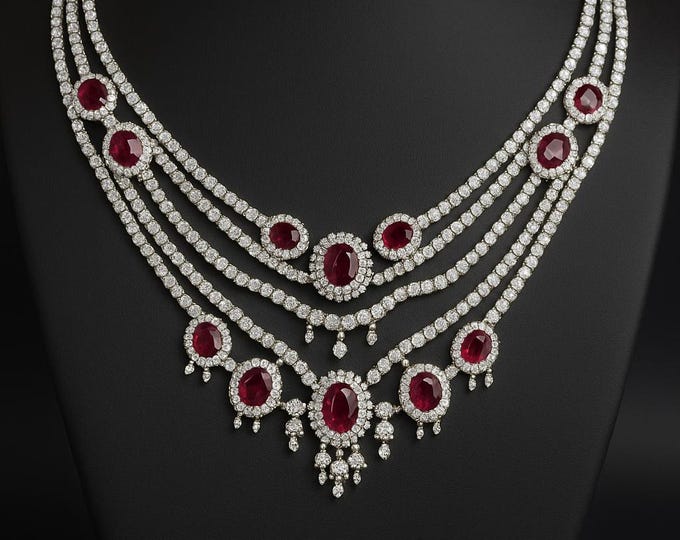 14K White Gold Diamond & Ruby Necklace 32.54 Carats Natural Stones Fine Jewelry, Bridal Statement Necklace gift for woman